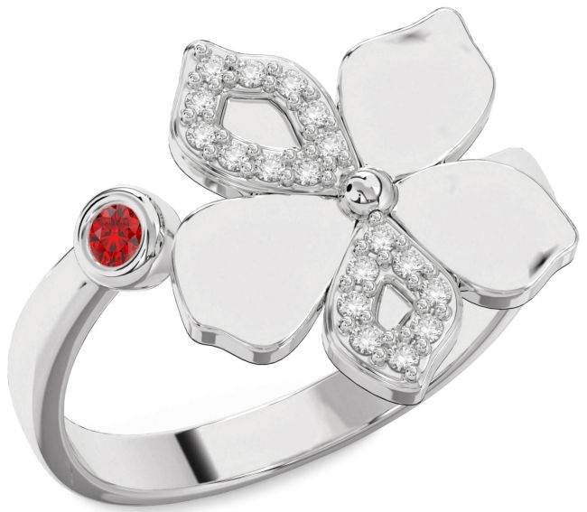 Diamond Ruby Silver Flower Ring