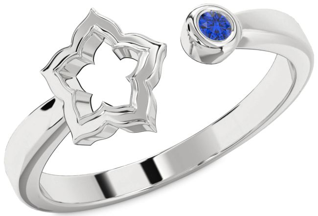 Blue Sapphire Silver Flower Ring