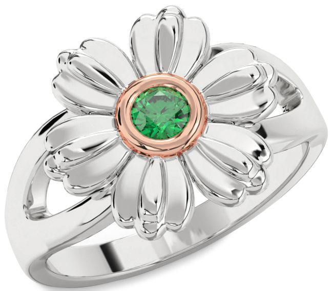 Emerald Silver & 10K Rose Gold Flower Ring