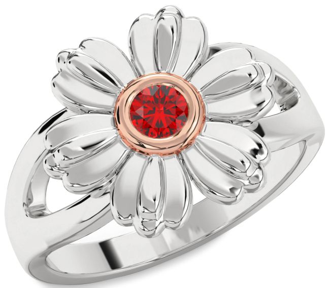 Ruby White Rose Gold Flower Ring