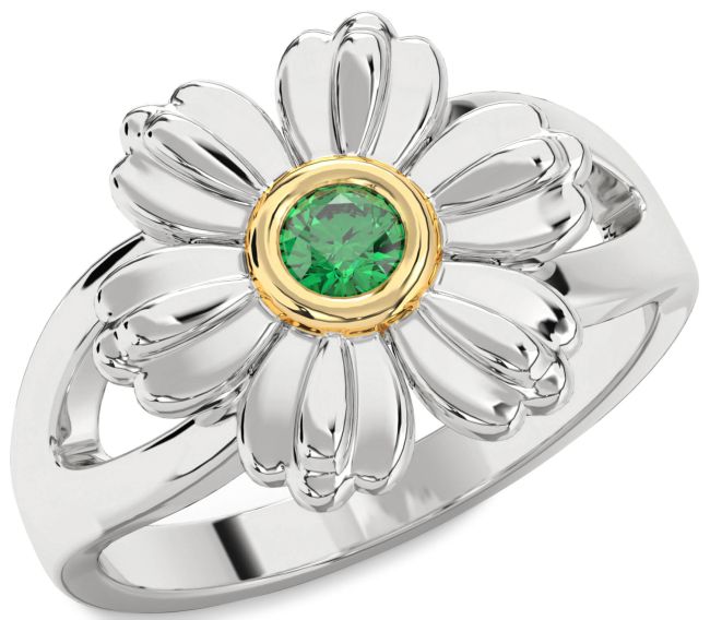 Emerald Gold Silver Flower Ring