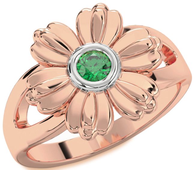Emerald Rose Gold Silver Flower Ring