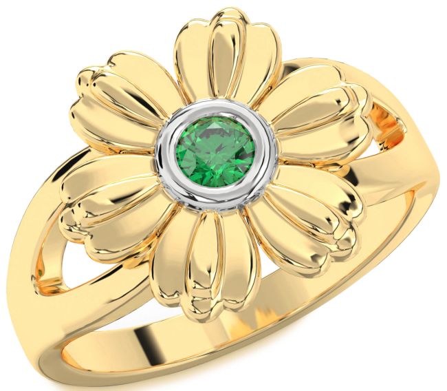 Emerald Gold Silver Flower Ring