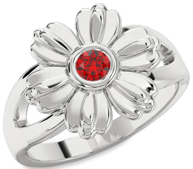 Ruby Silver Flower Ring