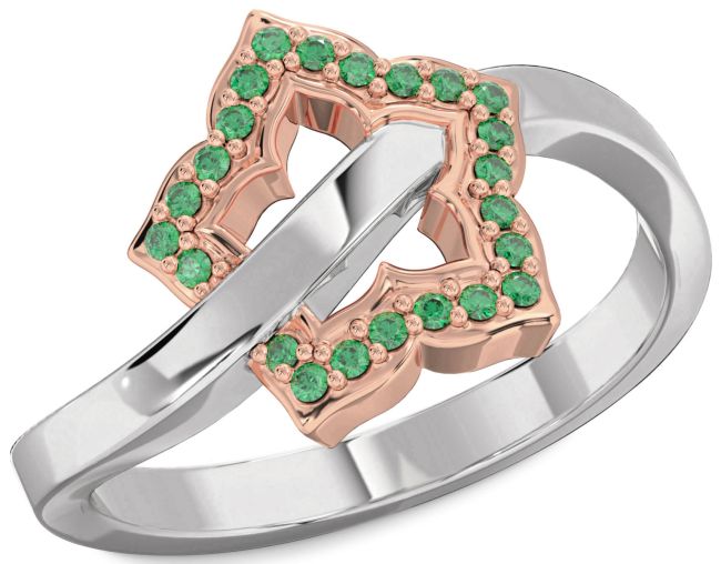 Emerald Rose Gold Silver Flower Ring