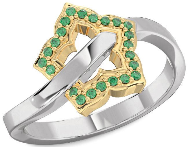 Emerald Gold Silver Flower Ring