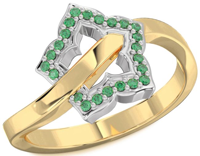 Emerald Gold Silver Flower Ring