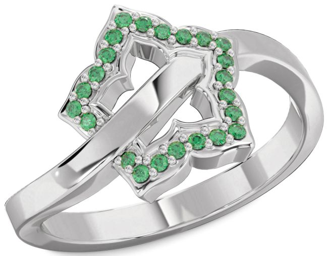 Emerald Silver Flower Ring