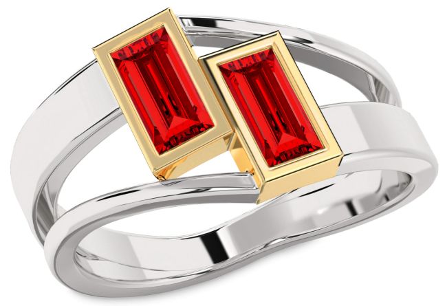 Ruby Gold Silver Baguette Two Stone Birthstone Ring