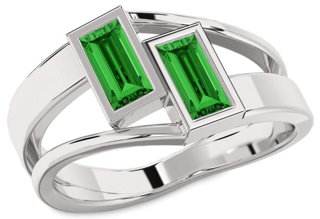 Emerald Silver Baguette Two Stone Birthstone Ring
