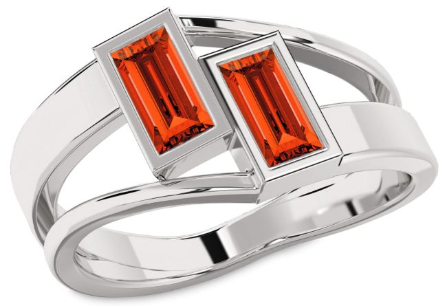 Fire Opal Silver Baguette Two Stone Ring
