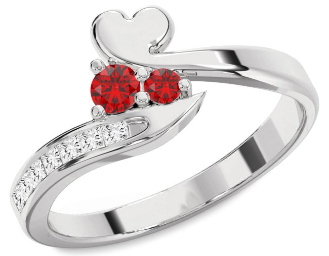 Diamond Ruby Silver Heart Two Stone Birthstone Ring