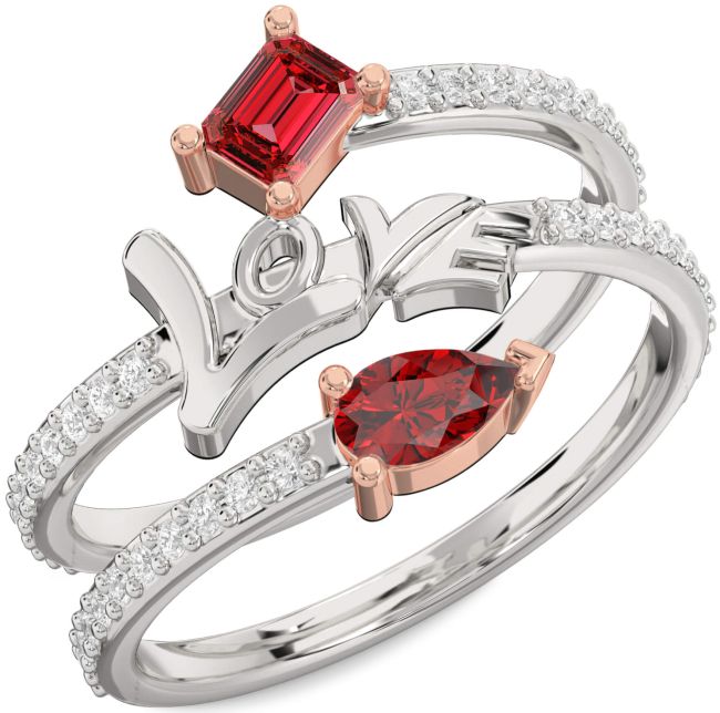 Diamond Ruby Rose Gold Silver Love Ruby Cut Two Stone Birthstone Ring