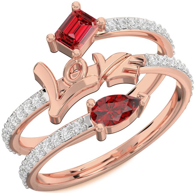 Diamond Ruby Rose Gold Love Ruby Cut Two Stone Birthstone Ring