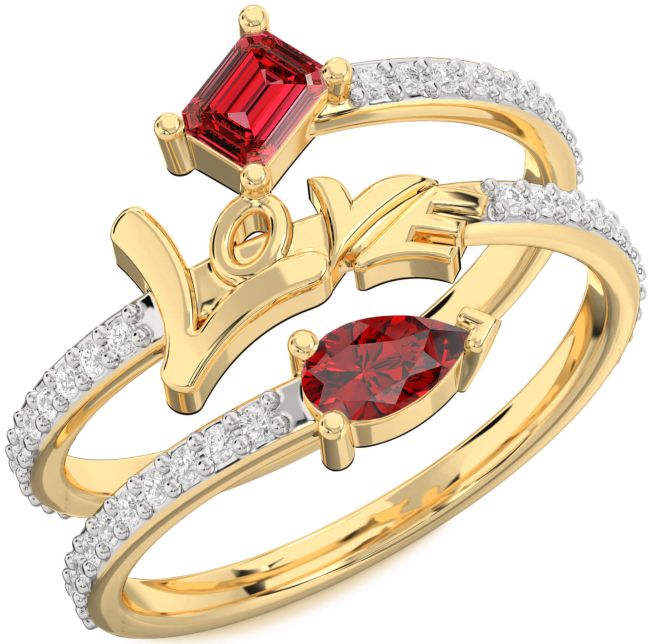 Diamond Ruby Gold Silver Love Ruby Cut Two Stone Birthstone Ring