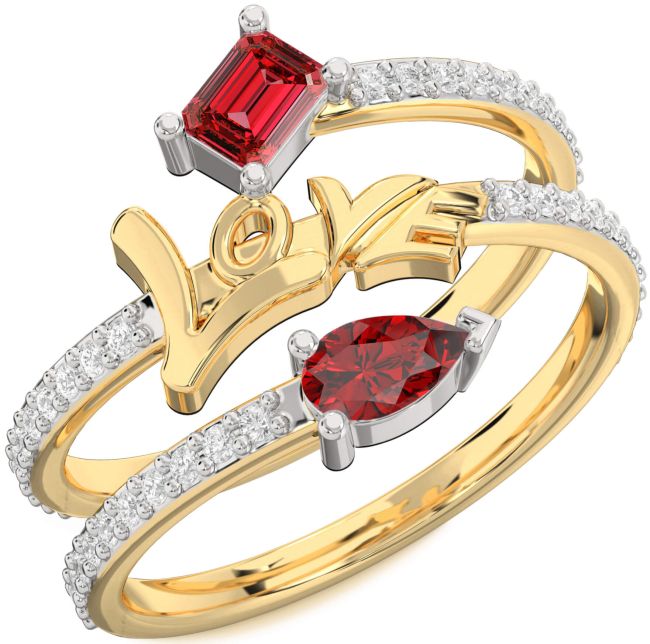 Diamond Ruby Gold Silver Love Ruby Cut Two Stone Birthstone Ring