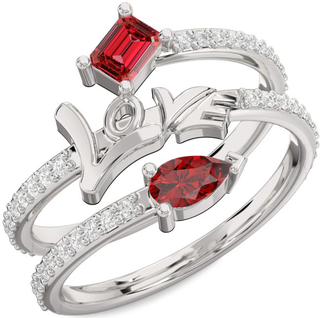 Diamond Ruby Silver Love Ruby Cut Two Stone Birthstone Ring