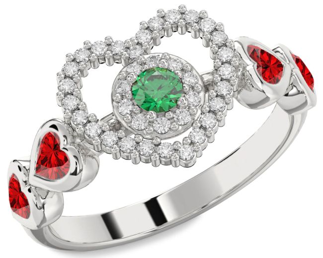 Diamond Emerald & Ruby Silver Heart Promise Ring