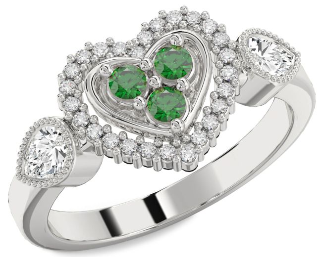 Diamond Emerald Silver Heart Promise Ring