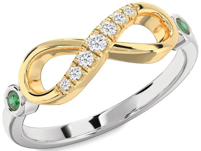 Diamond Emerald Platinum & Yellow Gold Infinity Round Two Stone Ring