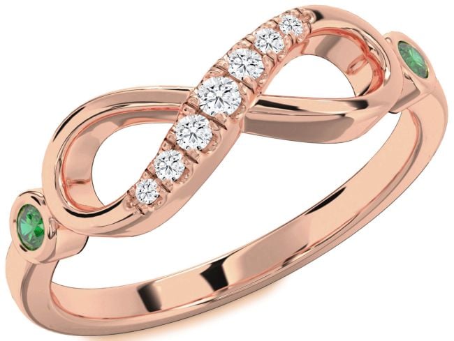 Diamond Emerald Rose Gold Infinity Round Two Stone Ring