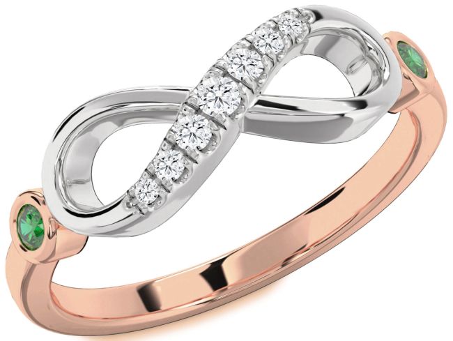Diamond Emerald Platinum & Rose Gold Infinity Round Two Stone Ring