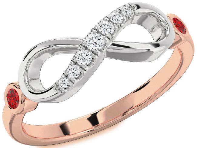 Diamond Ruby Rose Gold Silver Infinity Round Two Stone Ring