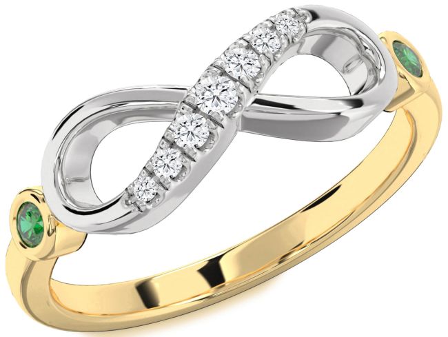 Diamond Emerald Gold Silver Infinity Round Two Stone Ring