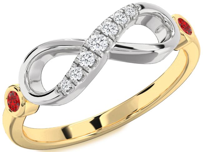 Diamond Ruby Gold Silver Infinity Round Two Stone Ring