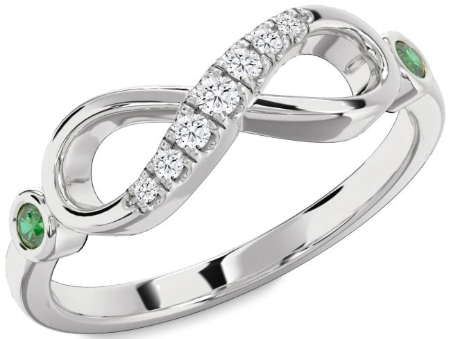 Diamond Emerald Silver Infinity Round Two Stone Ring