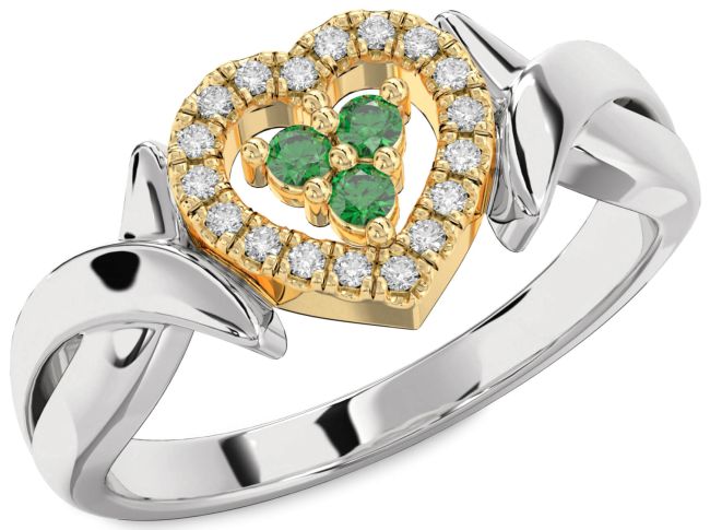 Diamond Emerald Silver & 10K gold Heart Ring