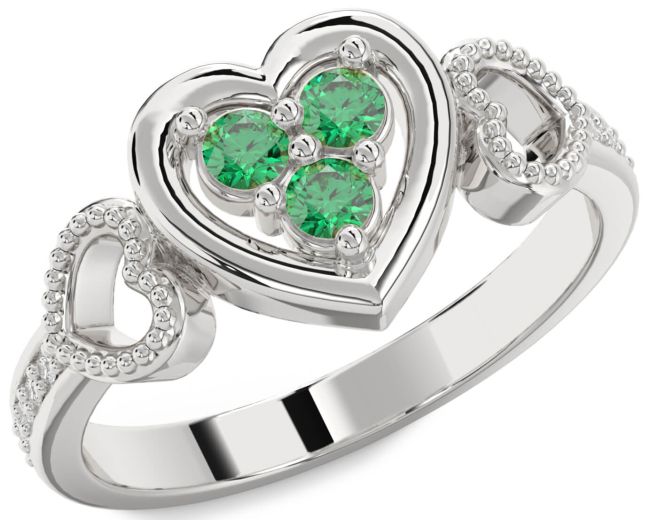 Diamond Emerald Silver Heart Promise Ring