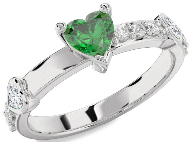 Diamond Emerald Platinum Heart Engagement Ring