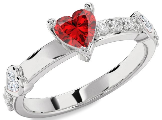 Diamond Ruby Silver Heart Engagement Ring