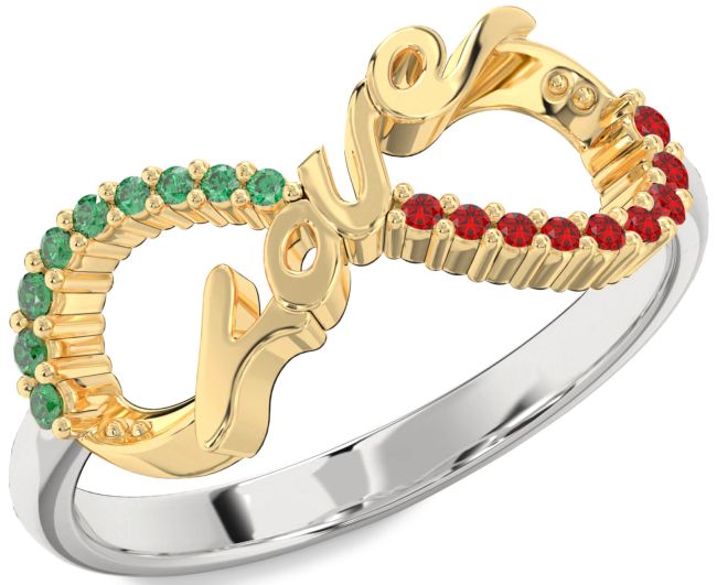 Emerald & Ruby Silver & 10K gold Love Infinity Round Promise Ring