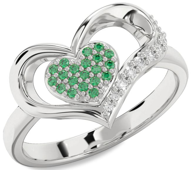 Diamond Emerald Silver Heart Promise Ring