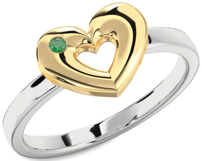 Emerald Silver & 10K gold Heart Ring