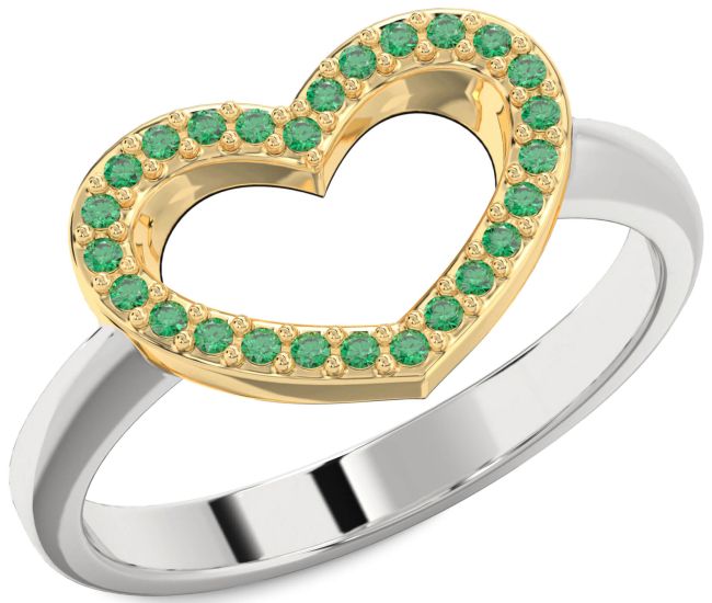 Emerald Silver & 10K gold Heart Ring