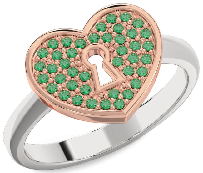Emerald White Rose Gold Heart Lock Ring