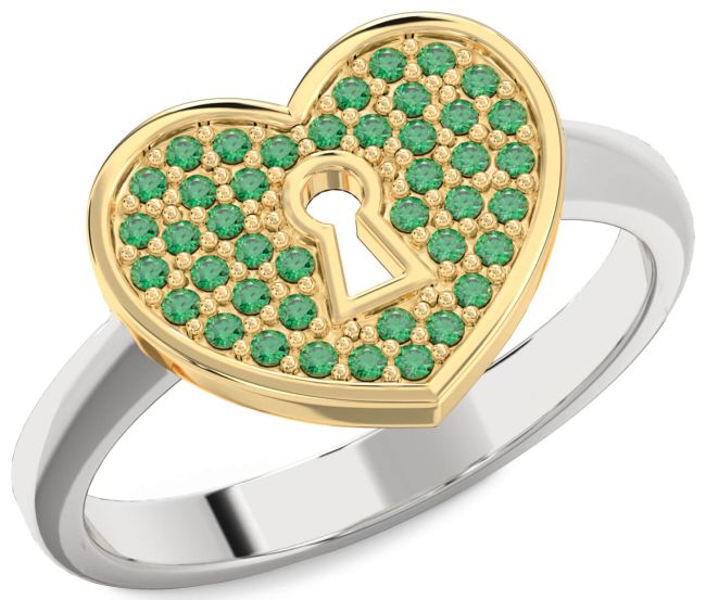 Emerald Gold Silver Heart Lock Ring