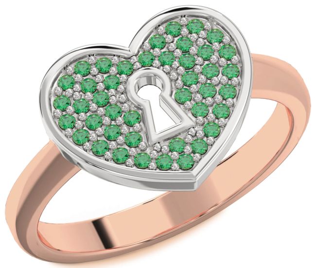 Emerald Rose Gold Silver Heart Lock Ring
