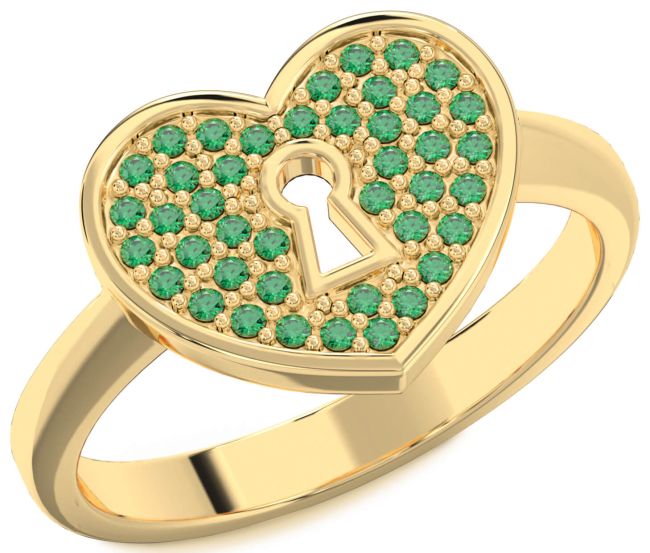 Emerald Gold Silver Heart Lock Ring