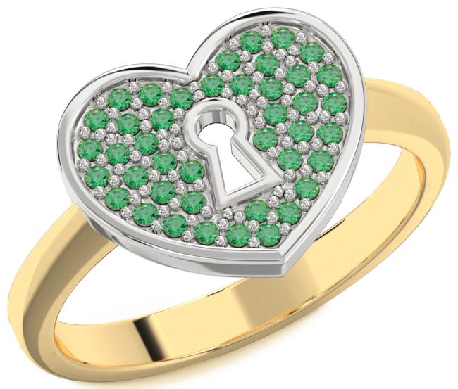 Emerald Gold Silver Heart Lock Ring