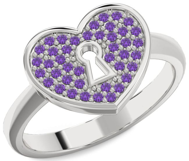 Amethyst Silver Heart Lock Ring