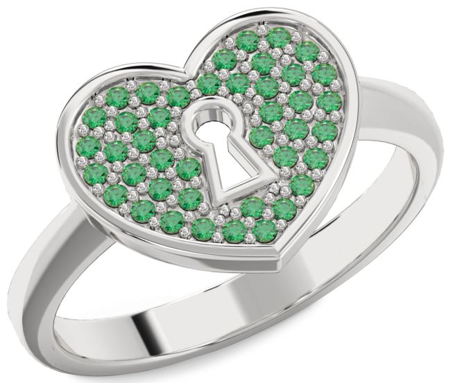 Emerald White Gold Heart Lock Ring
