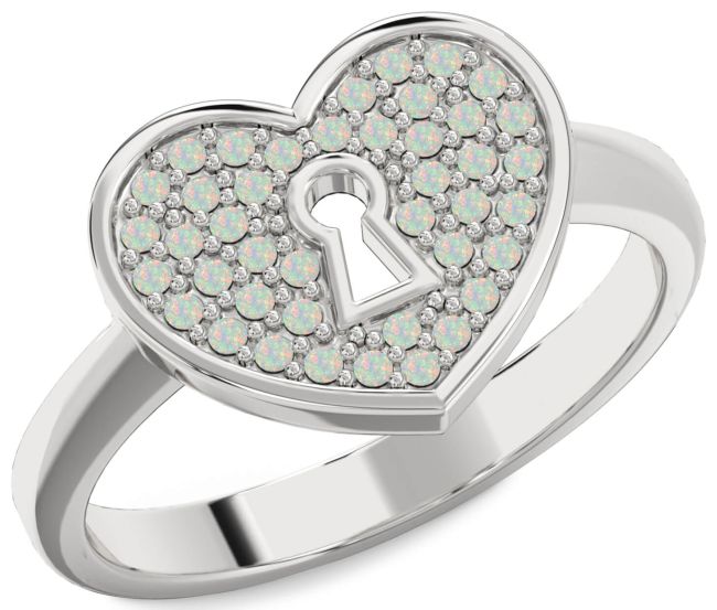 Opal Silver Heart Lock Ring