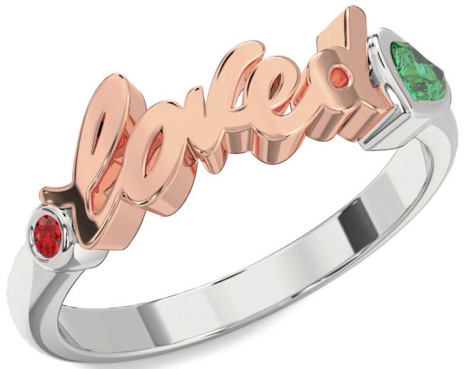 Emerald & Ruby Silver & 10K Rose Gold Loved Heart Promise Ring