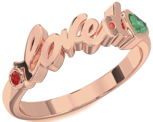 Emerald & Ruby Rose Gold Silver Loved Heart Promise Ring