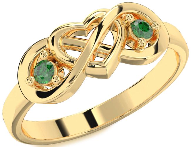 Emerald Gold Silver Heart Infinity Two Stone Birthstone Ring