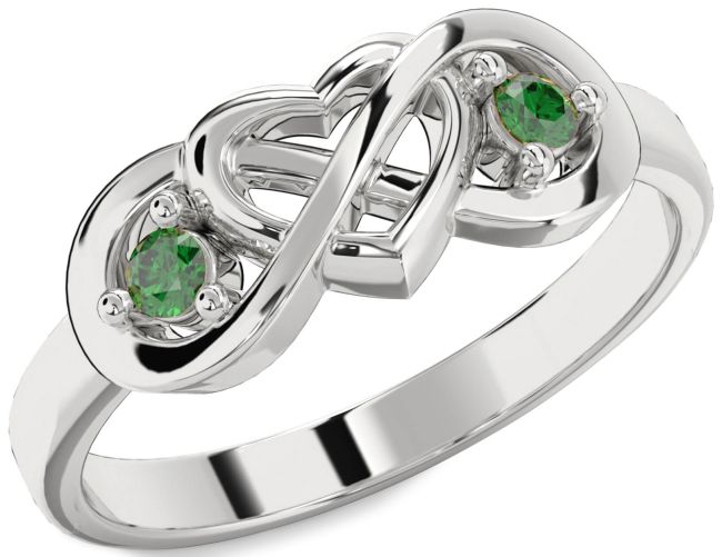 Emerald Platinum Heart Infinity Two Stone Birthstone Ring